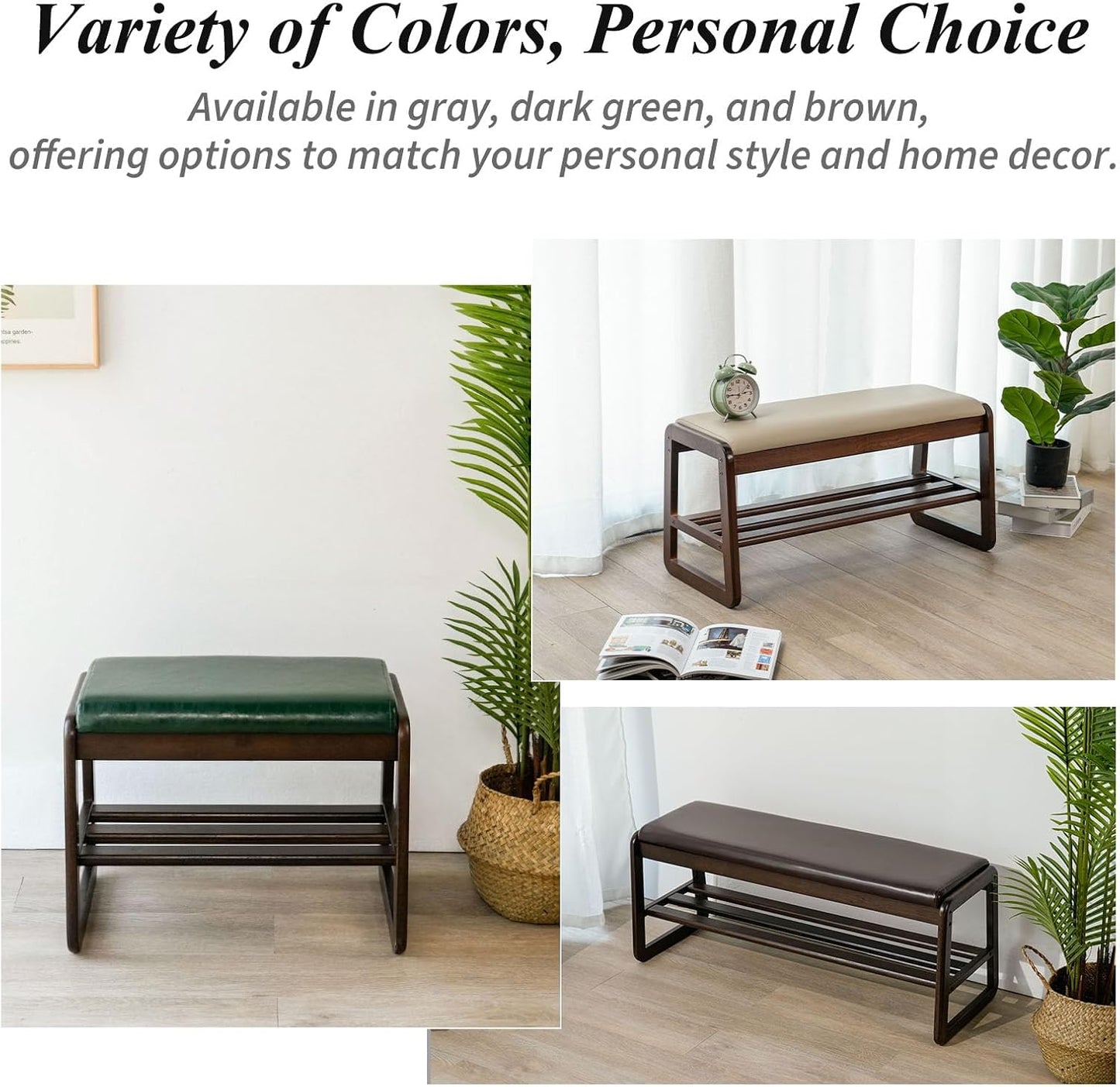 Shoe Bench, Entryway Bench with Leather Cushion, Solid Wood Shoe Rack, Mid Century Modern Bench, Shoe Storage, Shoe Organizer for Entryway (Brown, 39.4" W)