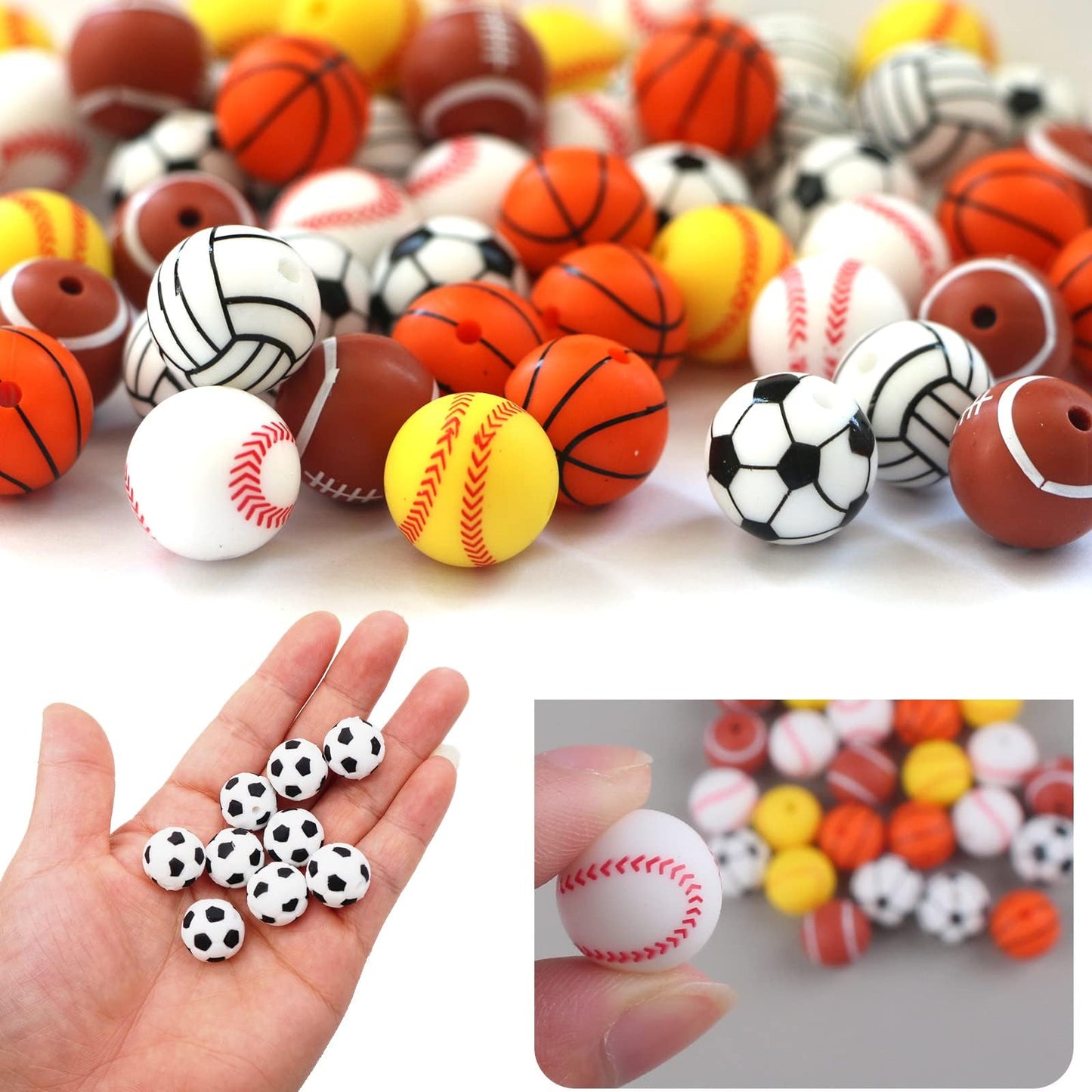 Silicone Beads, 60pcs 15mm Silicone Beads Bulk with 6 Keychain & Tassels, 5M Lanyard Making Jewelry Necklace Bracelet DIY Crafts for Pen, Xzyden Rubber Beads Sports Silicone Bead for Keychain Making