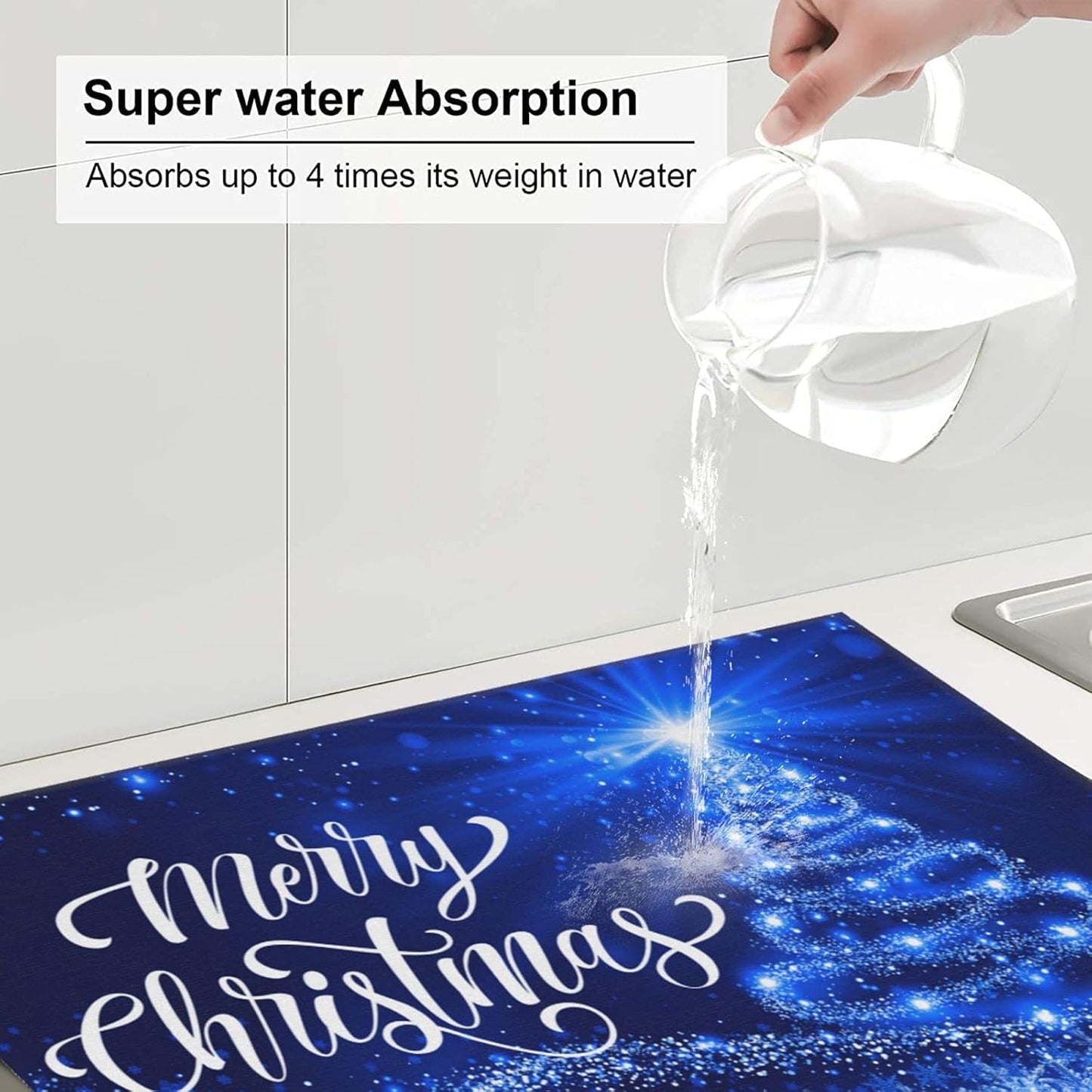 Dish Drying Mat Merry Christmas Blue Snow Tree for Kitchen Counter Absorbent 16x18 Inch Microfiber Dishes Plate Glass Dry Draining Pad Reversible Washable