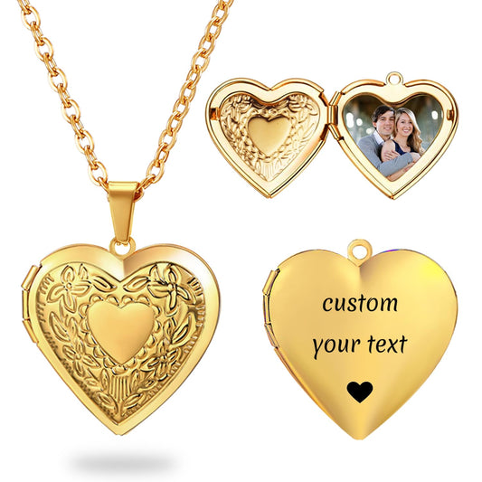 PHOCKSIN Gold Heart Locket Necklace Flower Engraved Personalized Necklace that Holds Pictures Customized Love Heart Gifts Locket Necklaces for Women