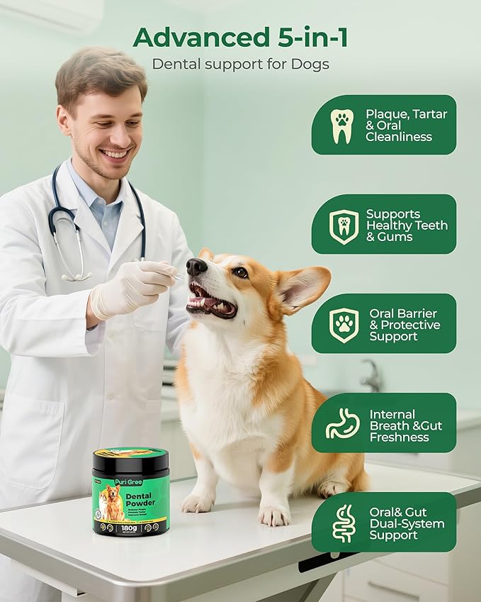 Dog Dental Powder, Dog Teeth Natural Cleaning Powder, Dogs Breath Freshener, Enzymes & Probiotic with Plaque and Tartar Off, Pets Tooth Cleaning 180g/6.36 oz