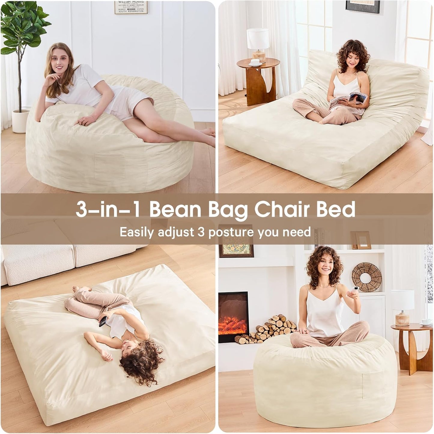 Bean Bag Chairs for Adults - Giant Bean Bag Chair Convertible Bean Bag Bed - Beanbag Chair with Micro Fiber Cover/Furniture Foam Filler - Floor Couch Sofa in Bedroom Dorm Room - Full Beige