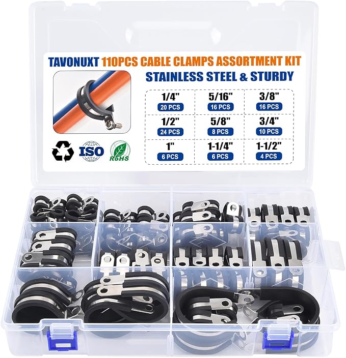 110PCS Cable Clamps Assortment Kit, 9 Sizes (1/4" to 1-1/2") Stainless Steel Rubber-Coated Cushioned Clamps, Insulated Pipe & Wire Holder for Automotive, Fuel Line, Hose, Tube