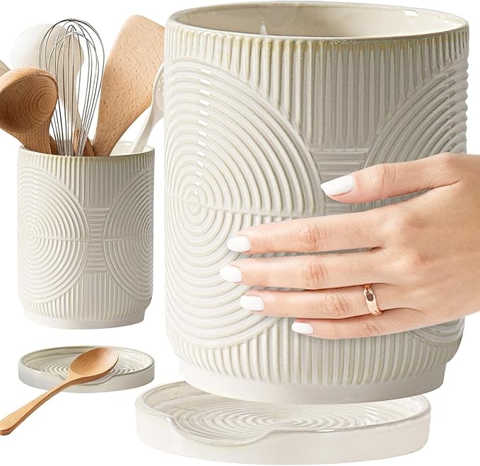 Utensil Holder, 7.2" Kitchen Utensil Holder for Counter, 2-in-1 Ceramic Cooking Utensils Holders with Spoon Rest, Utensil Crock for Spatula, Ideal Housewarming Gift (Beige)
