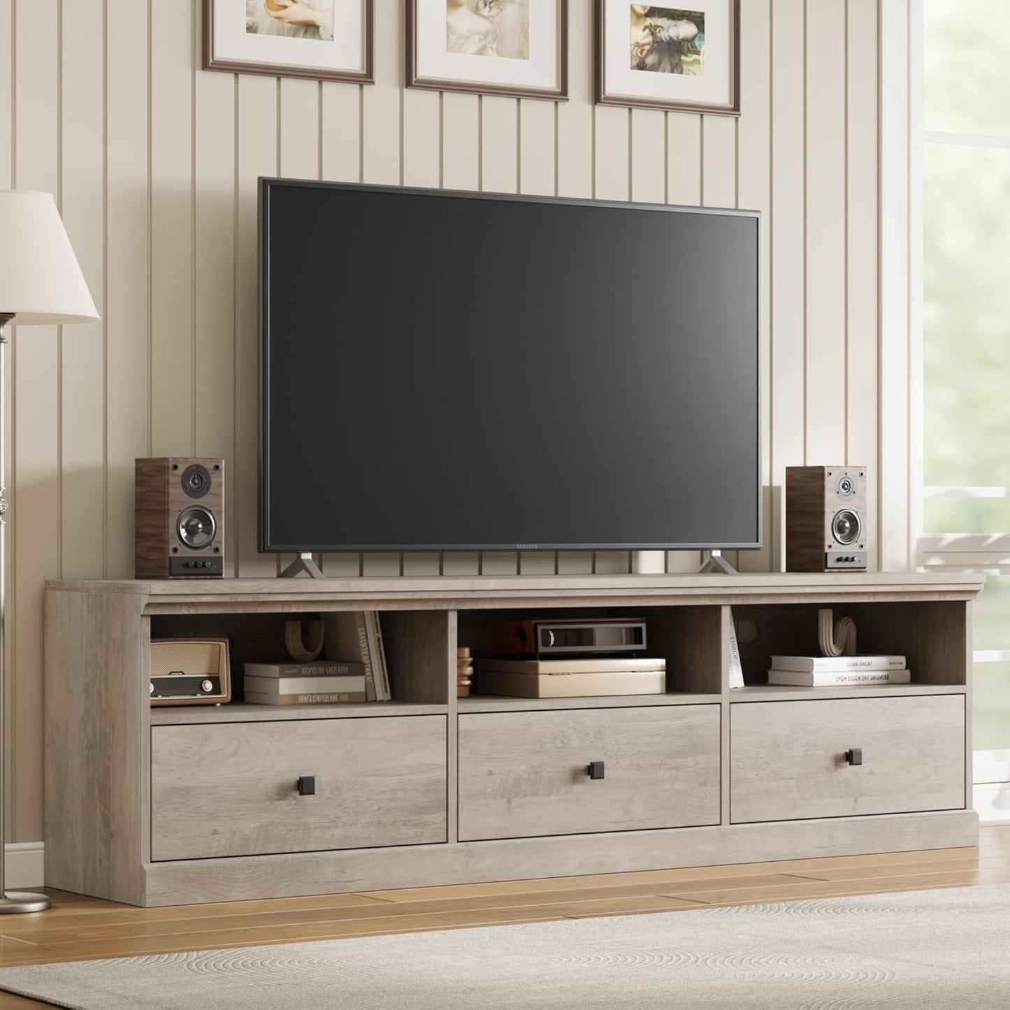 GarveeHome TV Stand for 65/70/75 Inch TV, Entertainment Center with Storage Drawer, Mid-Century Modern TV Console with Open Shelves, 70in Media TV Cabinet for Living Room, Bedroom, Gray