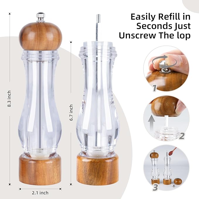 Acacia Wood & Acrylic Pepper Grinder, Wooden Pepper Mill with Adjustable Ceramic Grinder, Salt and Pepper Grinder Set for Kitchen & Dining, Durable Manual Salt Grinder