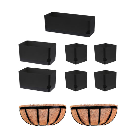 LaLaGreen Bundle- 7 Pack, Assorted Sizes Self Watering Planter + 2 Pack, 16 Inch Metal Basket with Coco Liner Black Windowsill Flower Box Modern Stylish Home Balcony Porch Indoor Outdoor Garden Decor