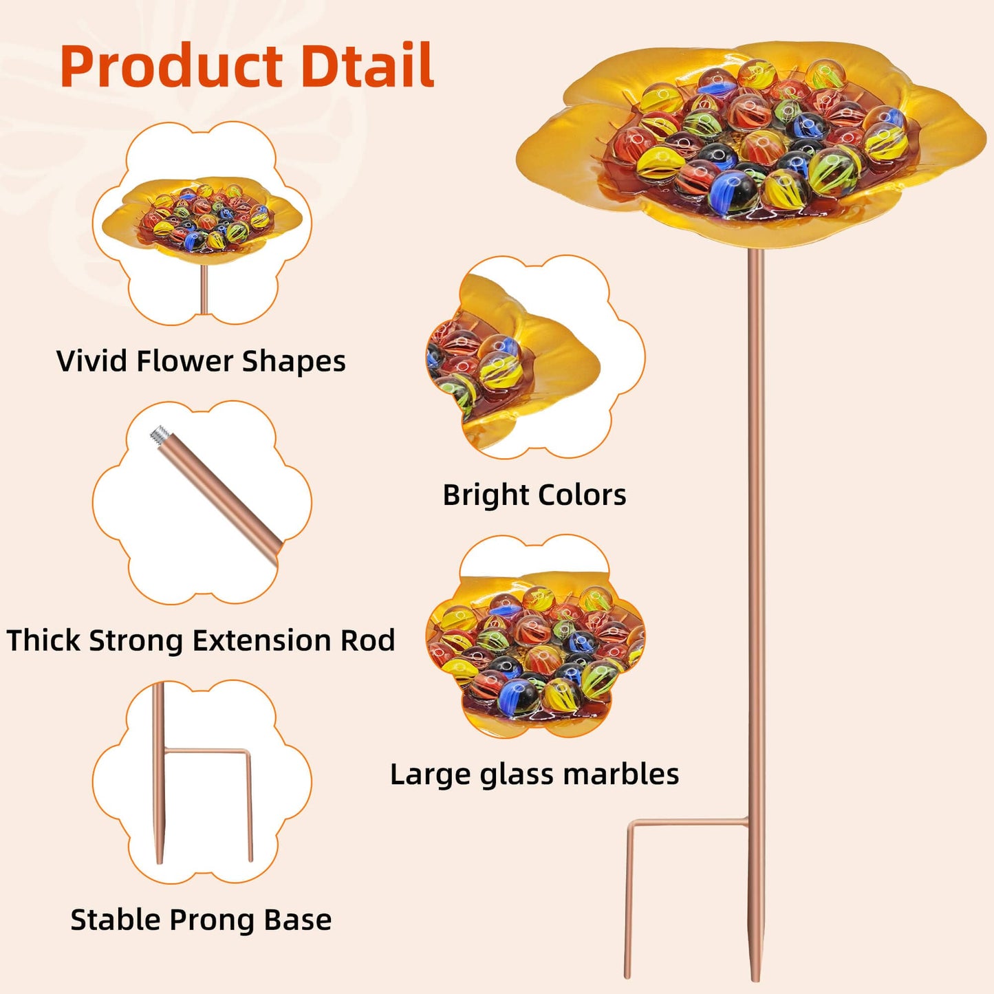 Large Bee Watering Station-Golden Butterfly Puddler Bee Bath & Feeder with Metal Stakes - 30 Glass Marbles, Vivid Flower Design, Garden Yard Decor (Golden-2PACK)