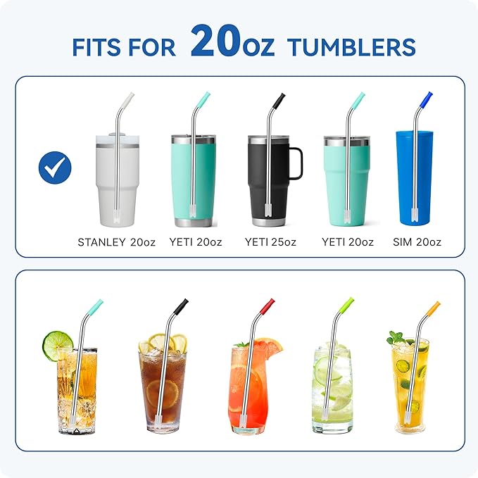 Reusable Metal Straws with Silicone Tip for Stanley 20oz,Stainless Steel Drinking Straws for 20oz Tumbler,3 Bent Tubes & 6 Tips& 1 Cleanr Brush(Dried Pine)