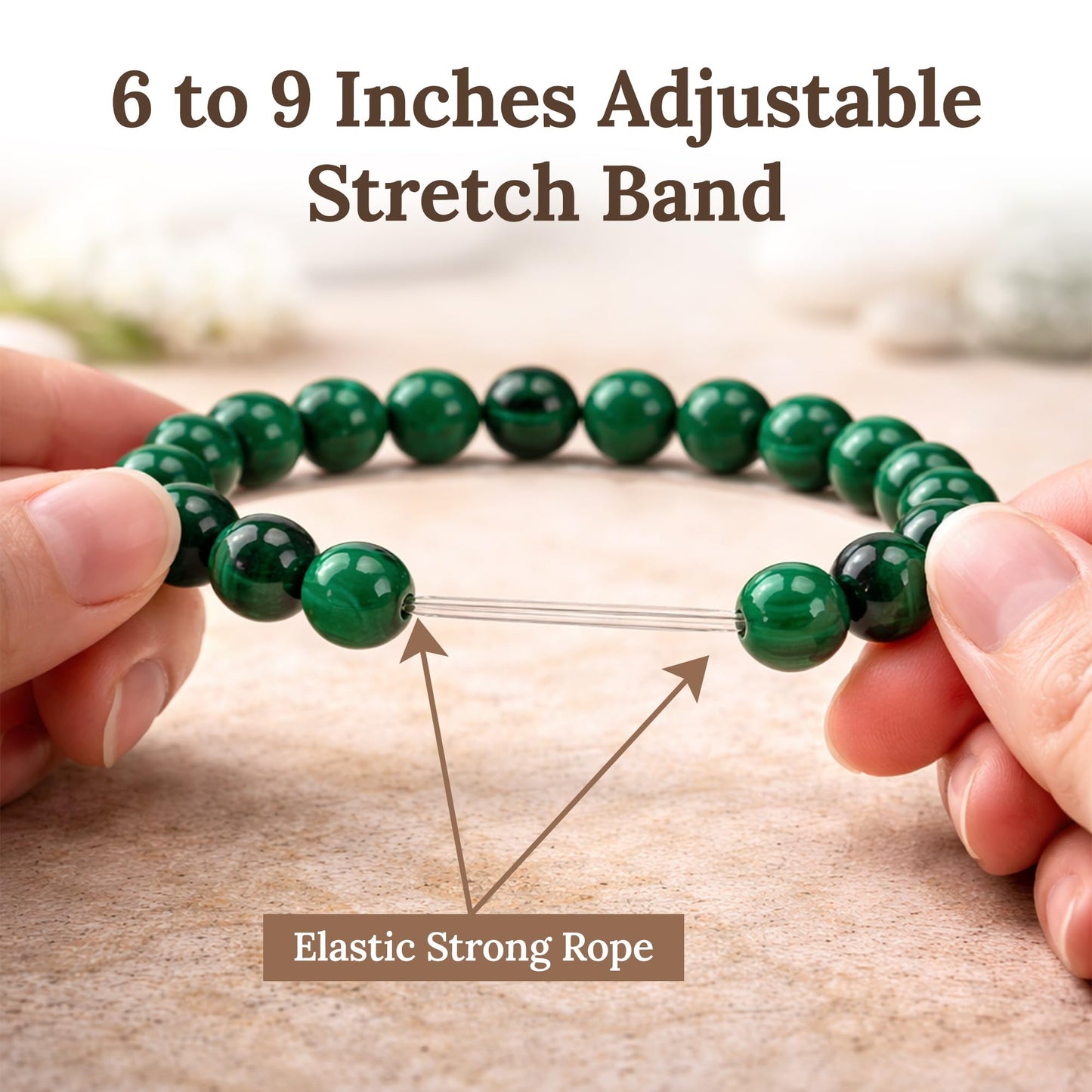 Elm City Direct 8mm Natural Stone Beaded Bracelet – Unisex Crystal Stretch Bracelets for Men & Women, Chakra & Healing Jewelry, Gift-Ready Beaded Bracelets (Malachite, 8mm)