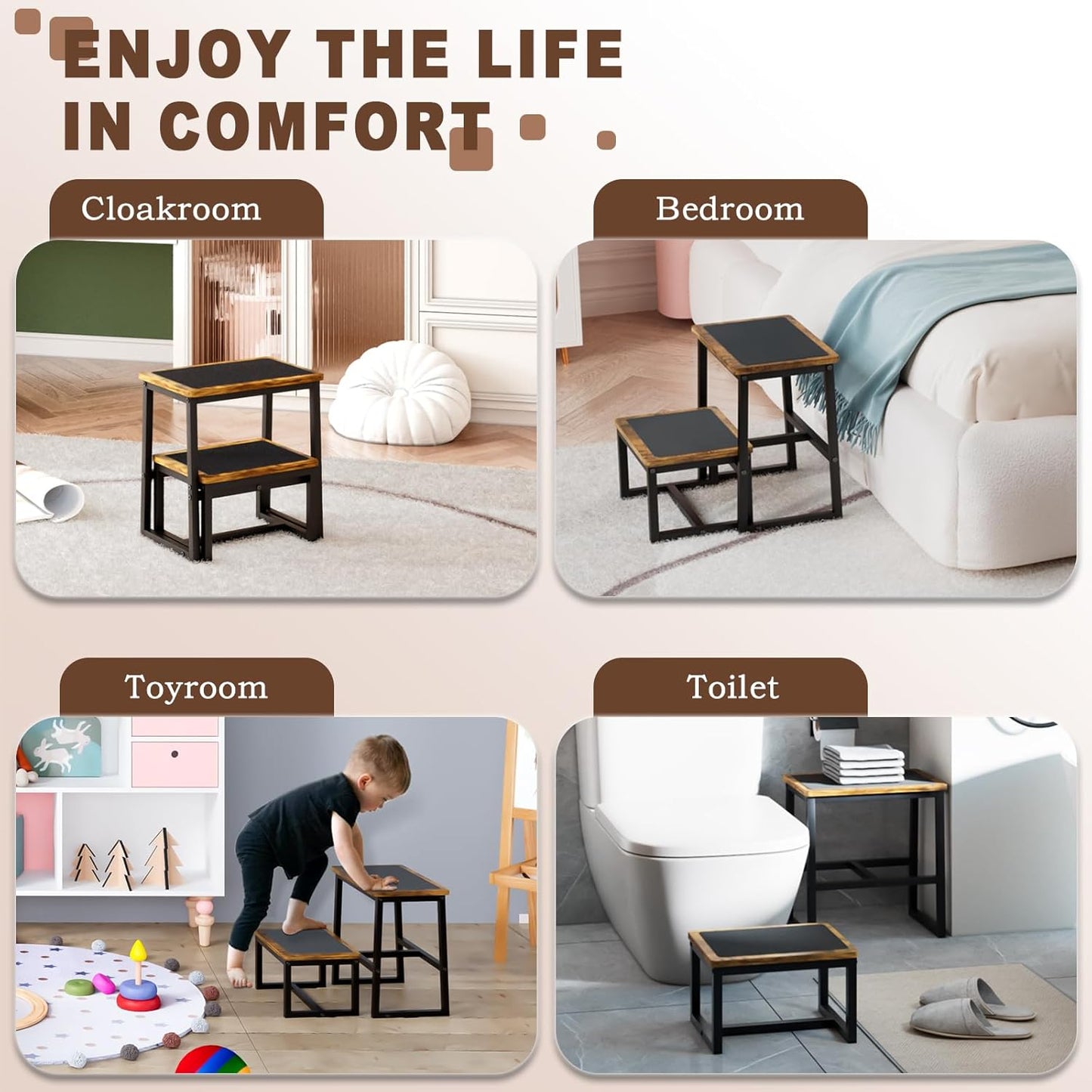 Step Stool for Adults,Holds up to 500Lb,3 in1 Heavy Duty Sturdy Two StepStools for Kichen/Bathroom/High beds, Wooden&Metal Frame, Non-Slip Pads
