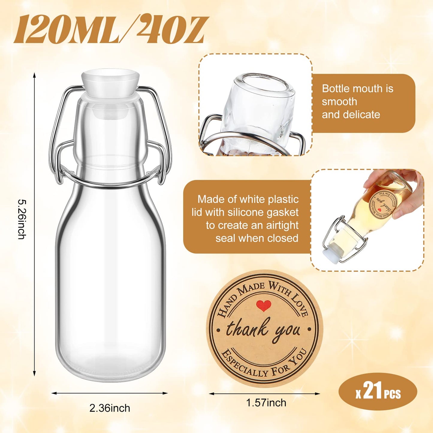 Queekay 30pcs 4.05oz Glass Bottles with Swing Top, Air Tight Kraft Stickers, Ideal for Spices, Drinks, Party Favors