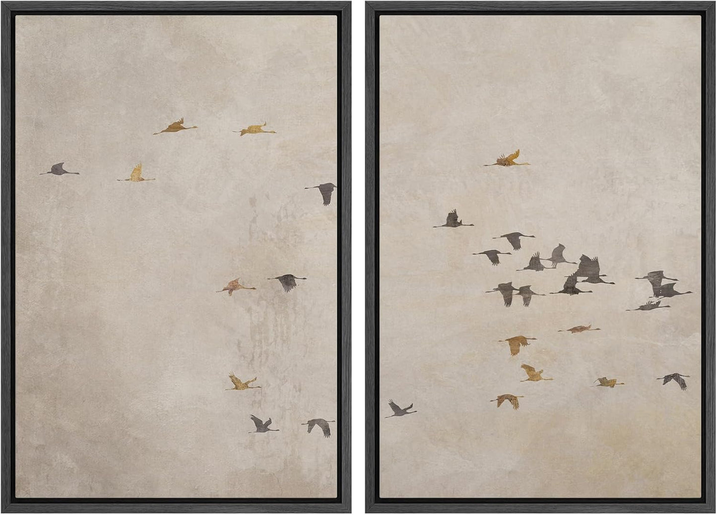 SIGNWIN Framed Canvas Print Wall Art Set Flying Birds Silhouette Minimalist Beige Illustrations Modern Minimal Decorative for Living Room, Bedroom, Office - 16"x24"x2 Black