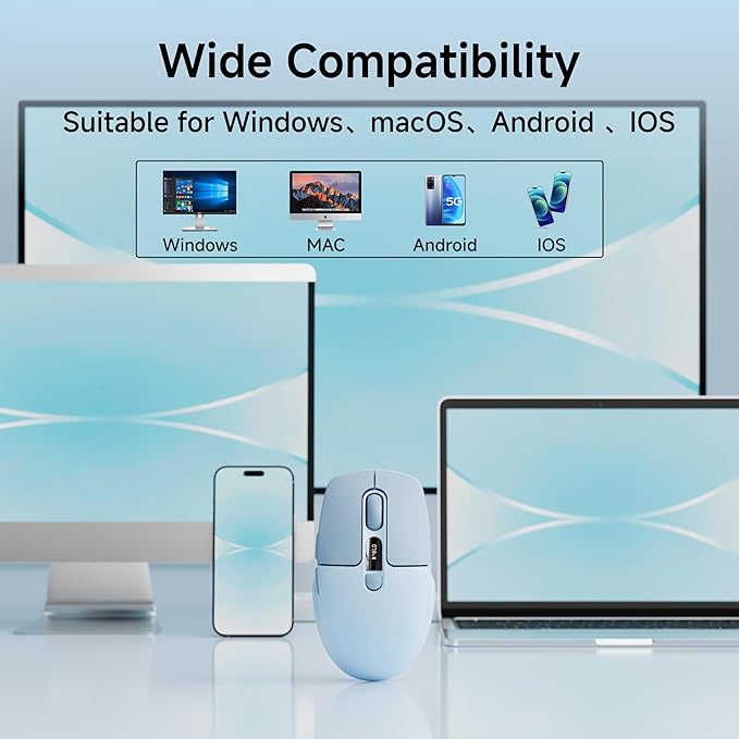 EWEADN Q1 Wireless Mouse, BT & 2.4G Silent Mouse Quiet Click with 1600 DPI Levels, Battery & DPI LED Screen Display, 6 Button Small Portable Bluetooth Mouse for Laptop/PC/Mac-Blue