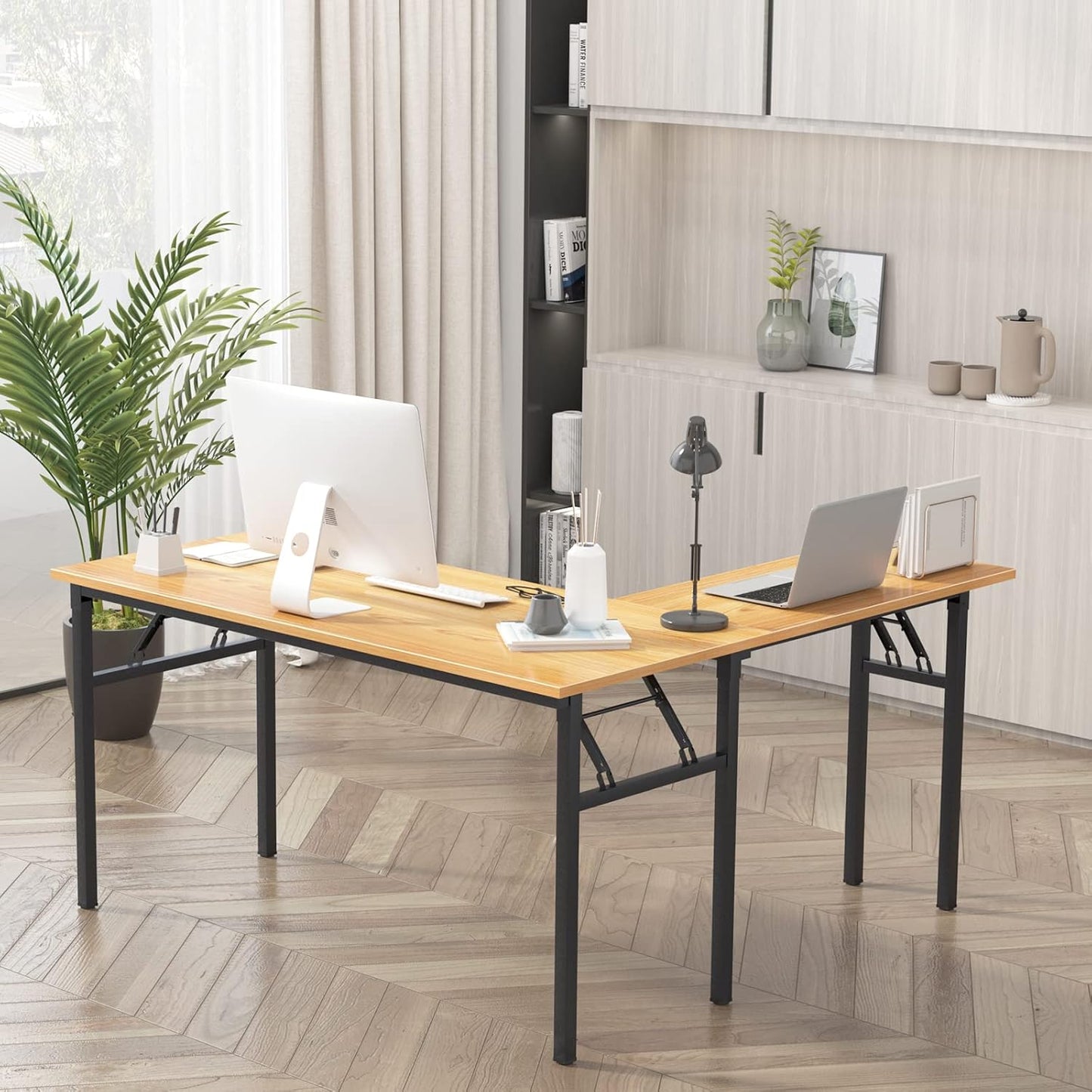 DlandHome Reversible L-Shaped Desk Large Corner Desk Folding Table Computer Desk Home Office Table Computer Workstation, Teak DND-ND11-TB