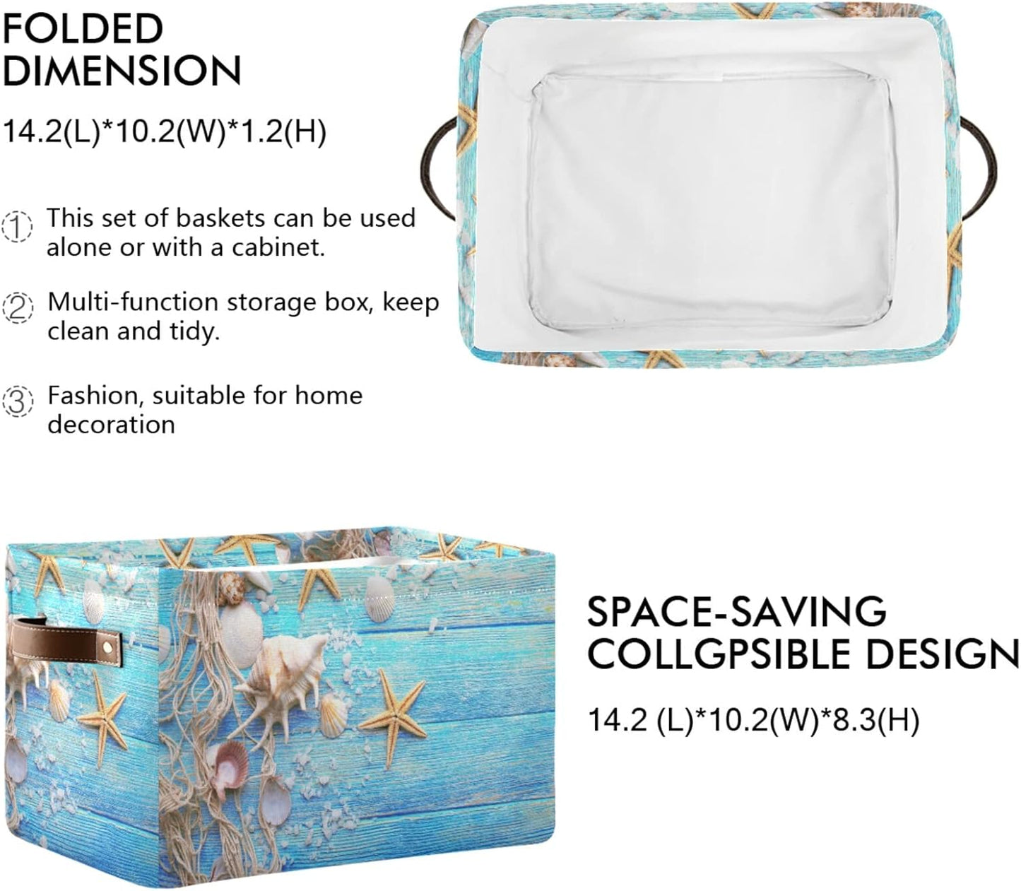 Summer Beach Wooden Starfish Storage Basket Bins, Ocean Nautical Decorative Baskets Storage Box Collapsible Storage Cubes Organizer with Handles for Nursery Shelf Closet Office Home Bedroom,1