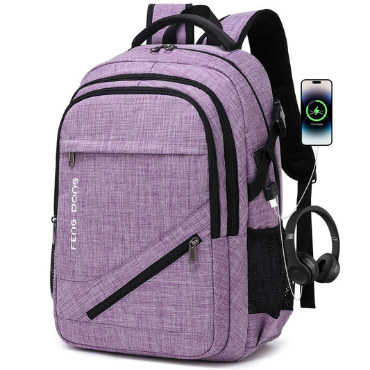 FENGDONG Large Laptop Backpack 17.3 inch Durable Waterproof Travel College Backpack Bookbag for Men & Women Business Backpack with USB Charging Port and Headset Port Light Purple -Like New