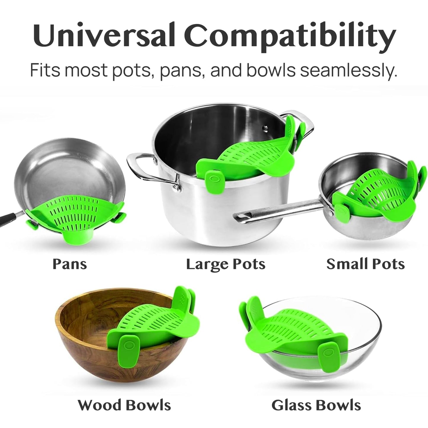 Kitchen Gizmo Snap N' Strain Clip On Strainer for Pots and Pans - Collapsible Silicone Pasta Strainer and Kitchen Gadget for Cooking - Easy to Use, Heat Resistant and Space Saving Colander - Green