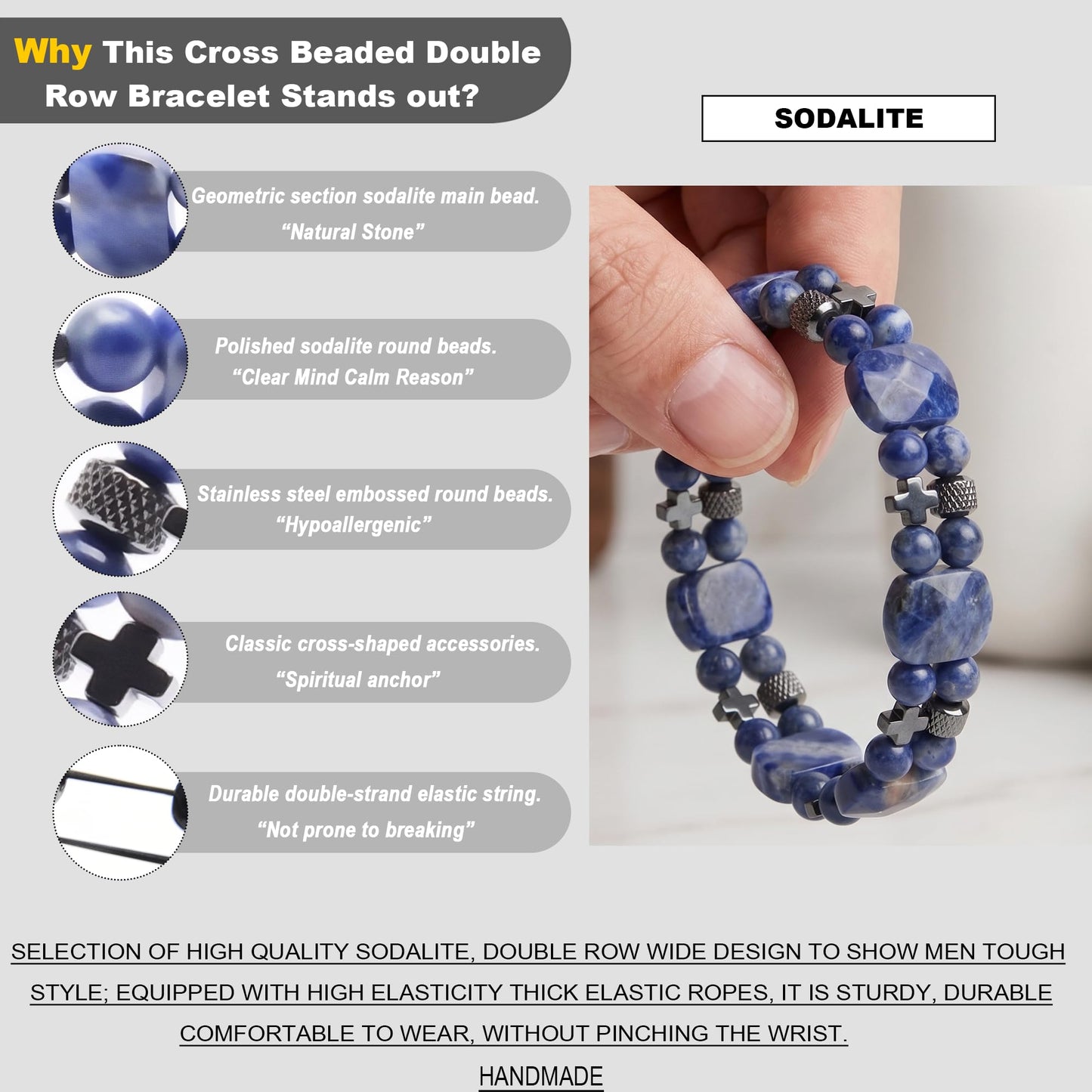 Christian Gifts for Men, Jesus Cross Bracelet for Men Handmade Double Elastic Beaded Bracelets Natural Crystal Gemstone Religious Jewelry for Boyfriend Husband Birthday Anniversary (Sodalite)