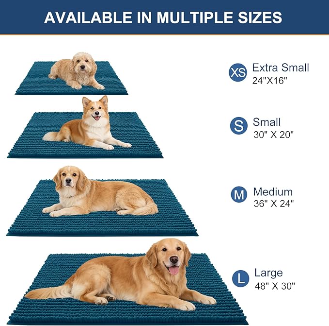 OLANLY Dog Door Mat for Muddy Paws 30x20, Ultra Absorbent Chenille Mud Doormat, Non-Slip Washable and Dirt Trapping Doormat for Indoor Entryway, Quick-Dry Indoor Pet Bed Mats for Dogs, Atlantic Blue