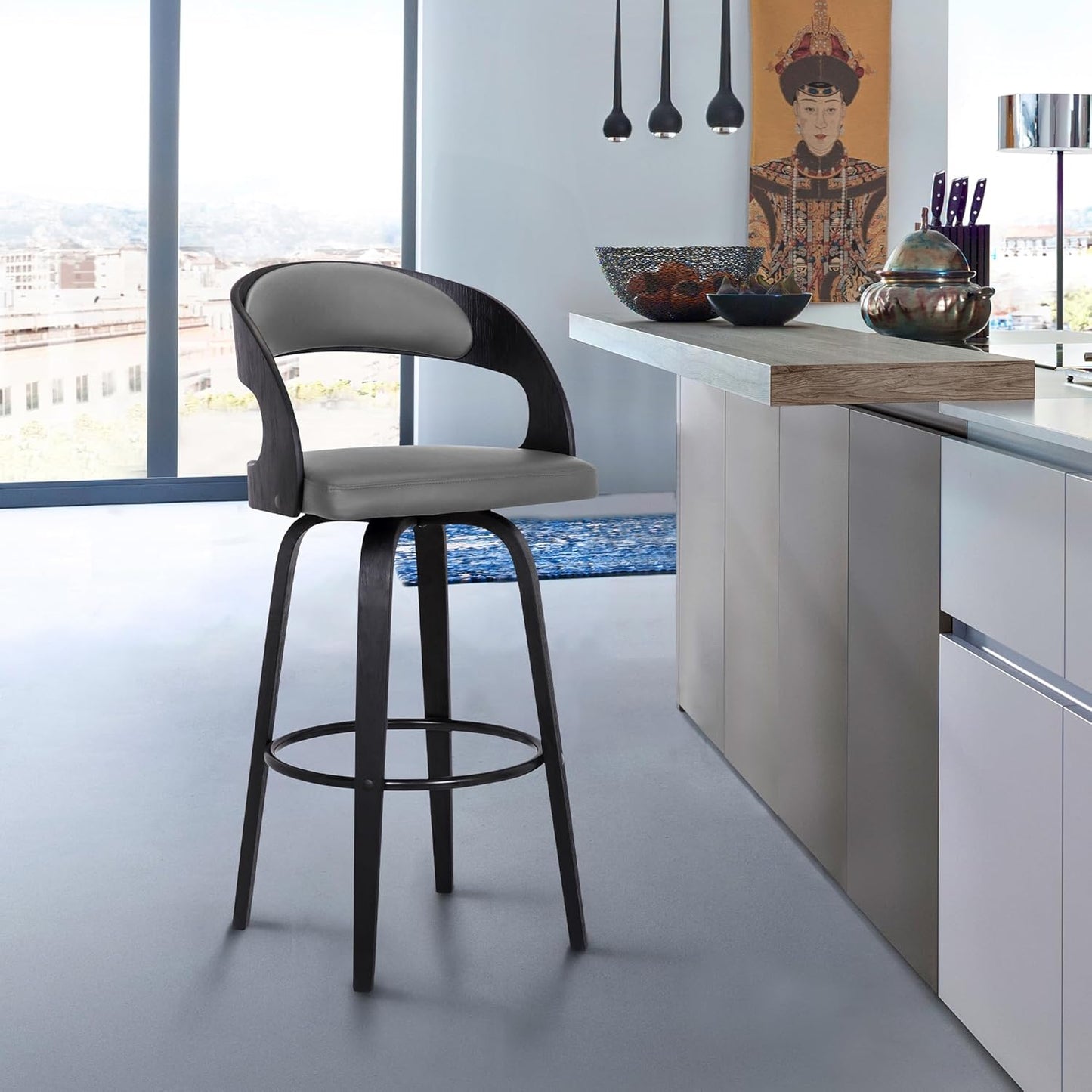 Armen Living Shelly 30" Bar Height Swivel Gray Faux Leather and Black Wood Bar Stool - Set of 4