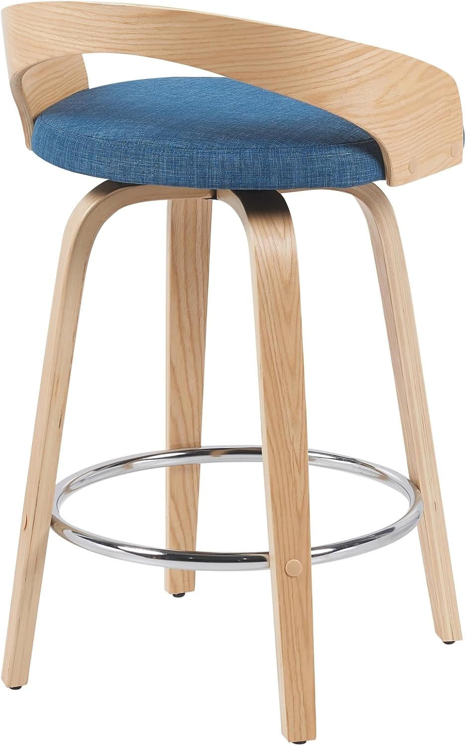 Sonia Modern Swivel Counter Height Bar Stool with Blue Upholstered Seat and Patterned Oak Wood Finish Set of 2