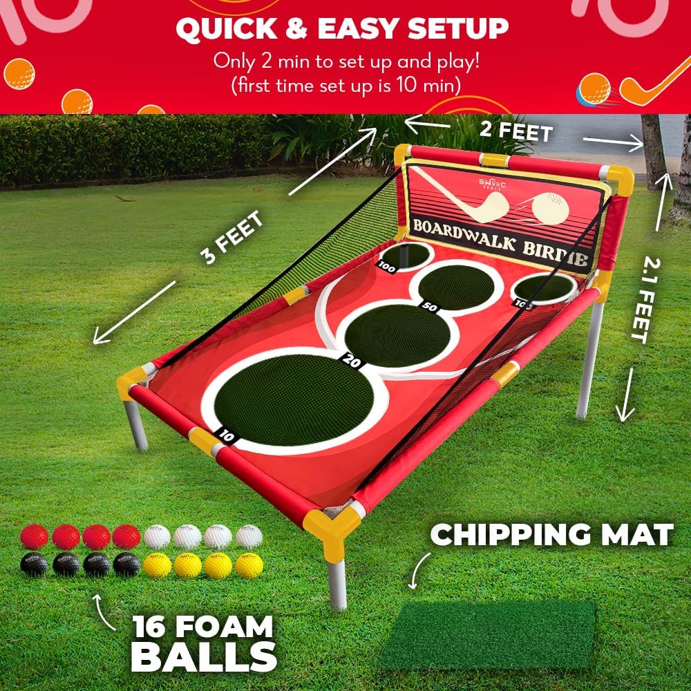 SWOOC Games - Boardwalk Birdie™ | Arcade Style Golf Game w/Easy Setup & 10+ Games Included | Cornhole Golf Chipping Game | Indoor & Outdoor Activities for Adults and Family | Backyard Fun