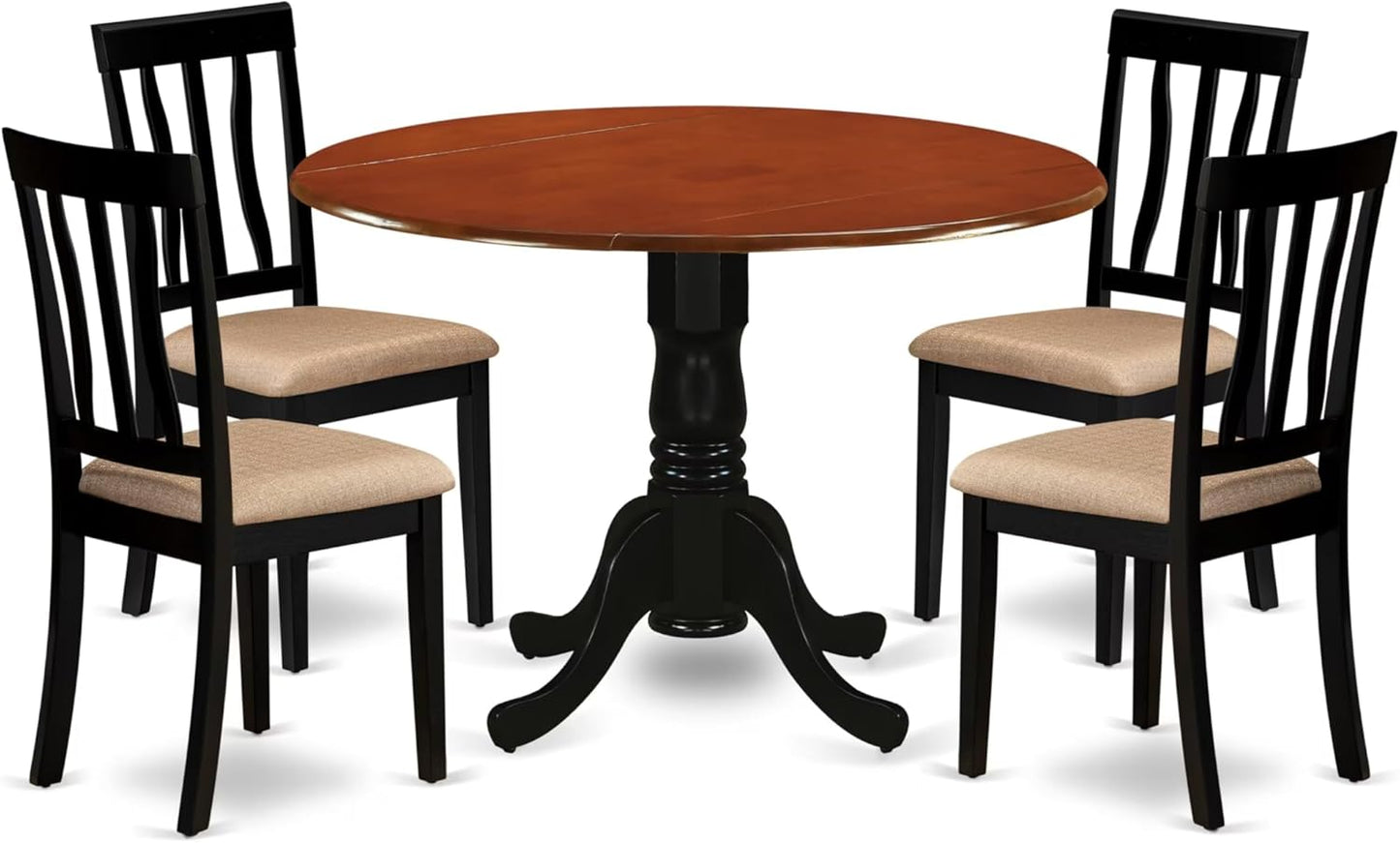 East West Furniture DLAN5-BCH-C 5 Piece Dining Table Set for 4 Includes a Round Kitchen Table with Dropleaf and 4 Linen Fabric Kitchen Dining Chairs, 42x42 Inch, Black & Cherry