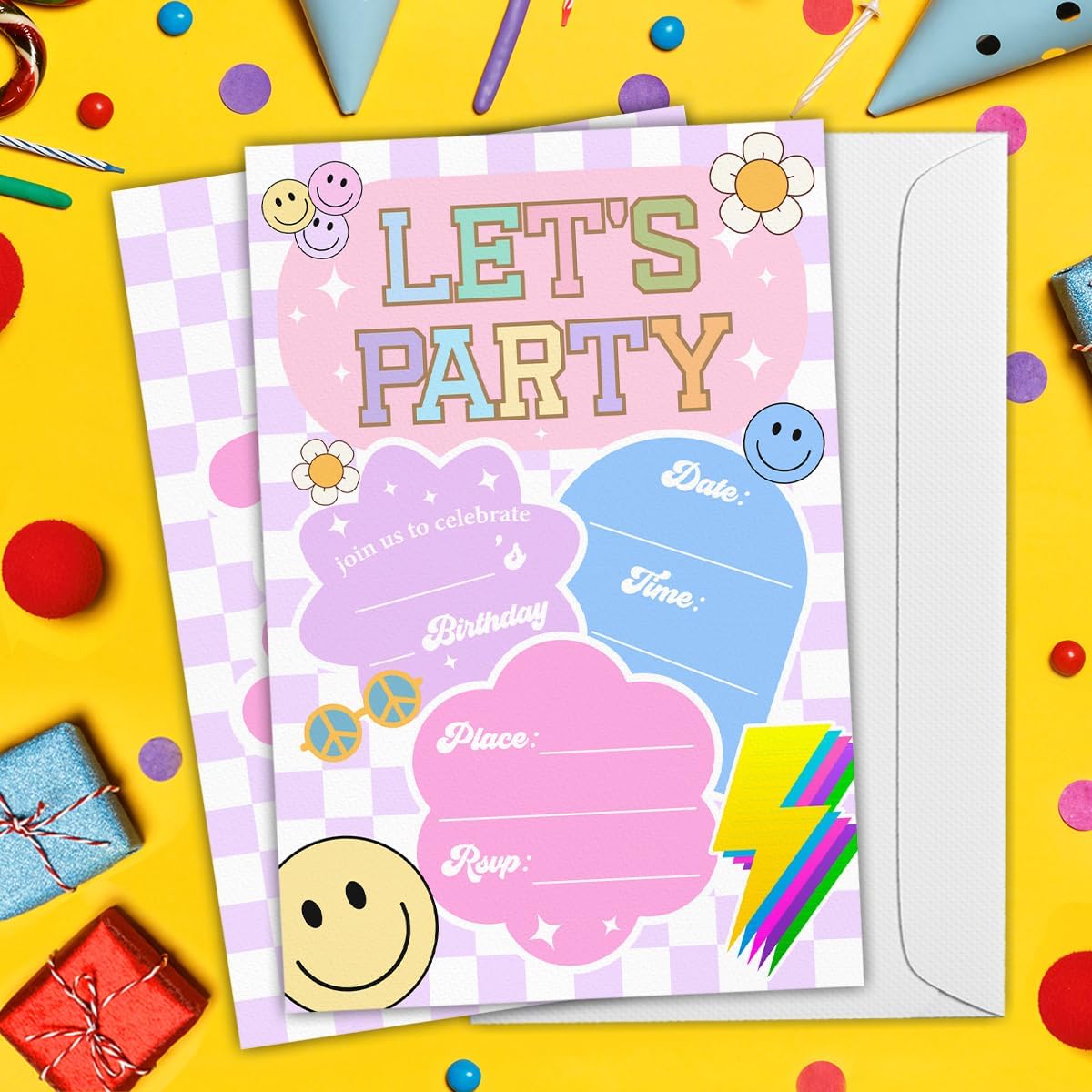 Let’s Party Birthday Invitations, Retro Smile Face Birthday Party Fill in Invites Cards With Envelopes (20 Count), Double Sided Design