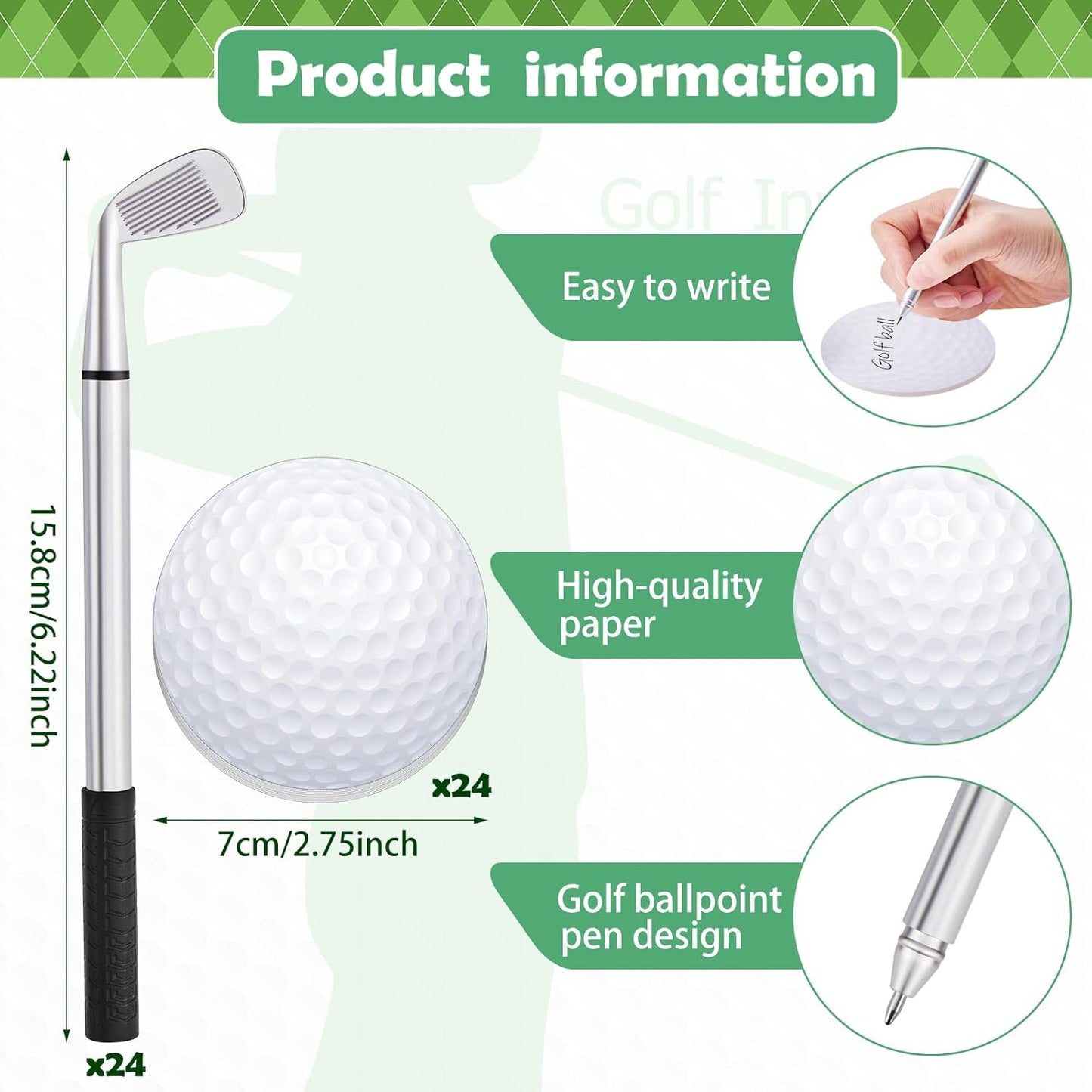 Estune 24 Pack Golf Ballpoint Pen and Sticky Notes Cool Golf Party Favors Mini Decorative Funny Sports Golfing Club Props Black Gel Ink for Office Coworkers Stationery Gift Supply