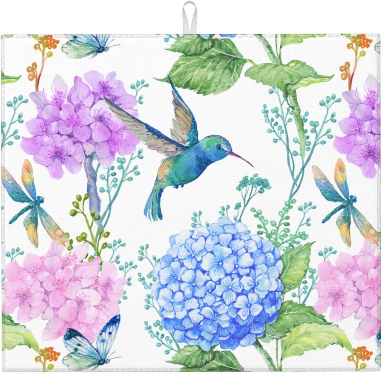 Dish Drying Mat Spring Hummingbird Flower Hydrangea for Kitchen Counter Absorbent Dishes Drainer Microfiber Small 16x18 Inch