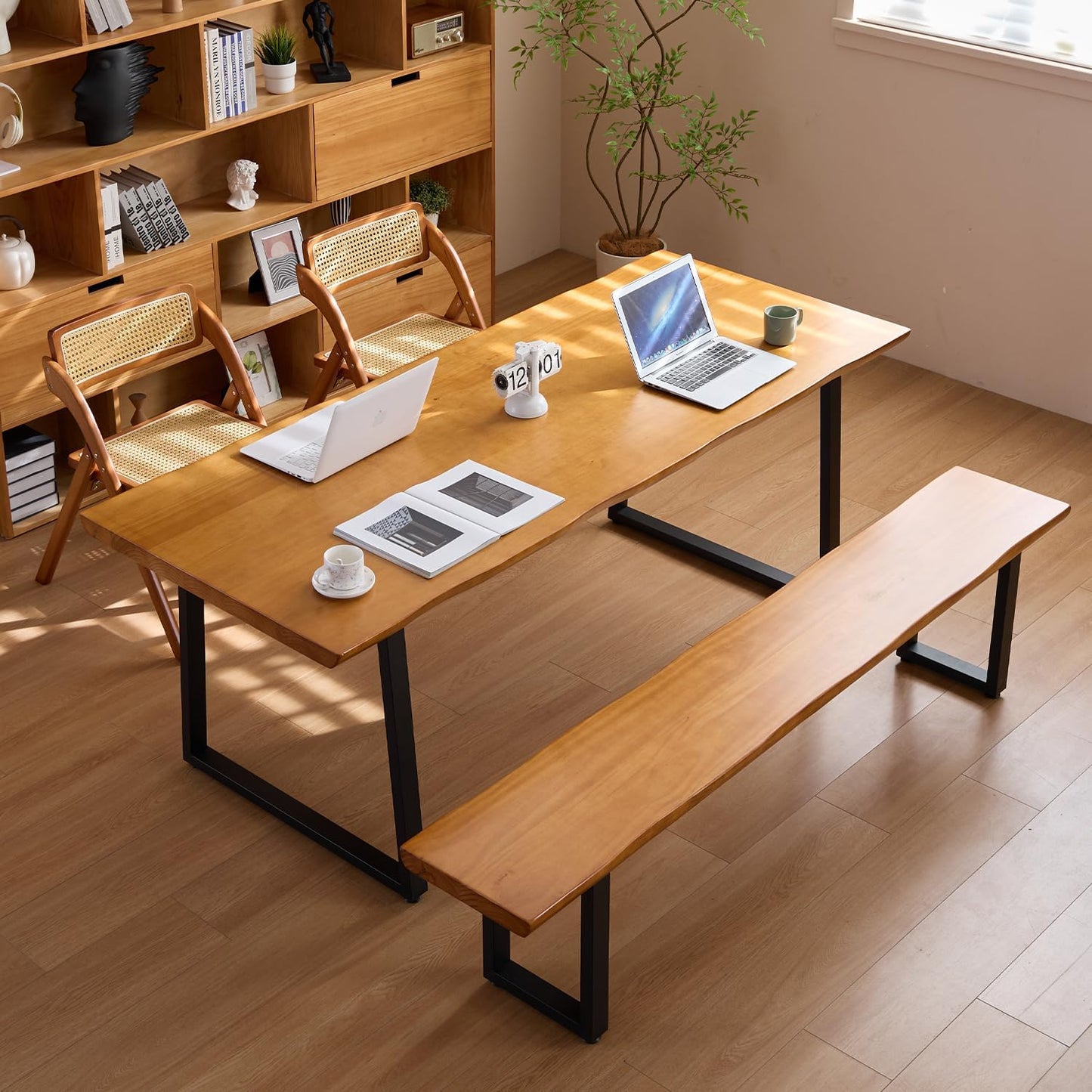 Solid Wood Top Bench with Metal Legs Durable Long Bench for Home Office Living Room Dining Room Versatile Multi Size Options Perfect Chair Stool Dining Bench Dining Chair (Light brown bench, 62.99in)