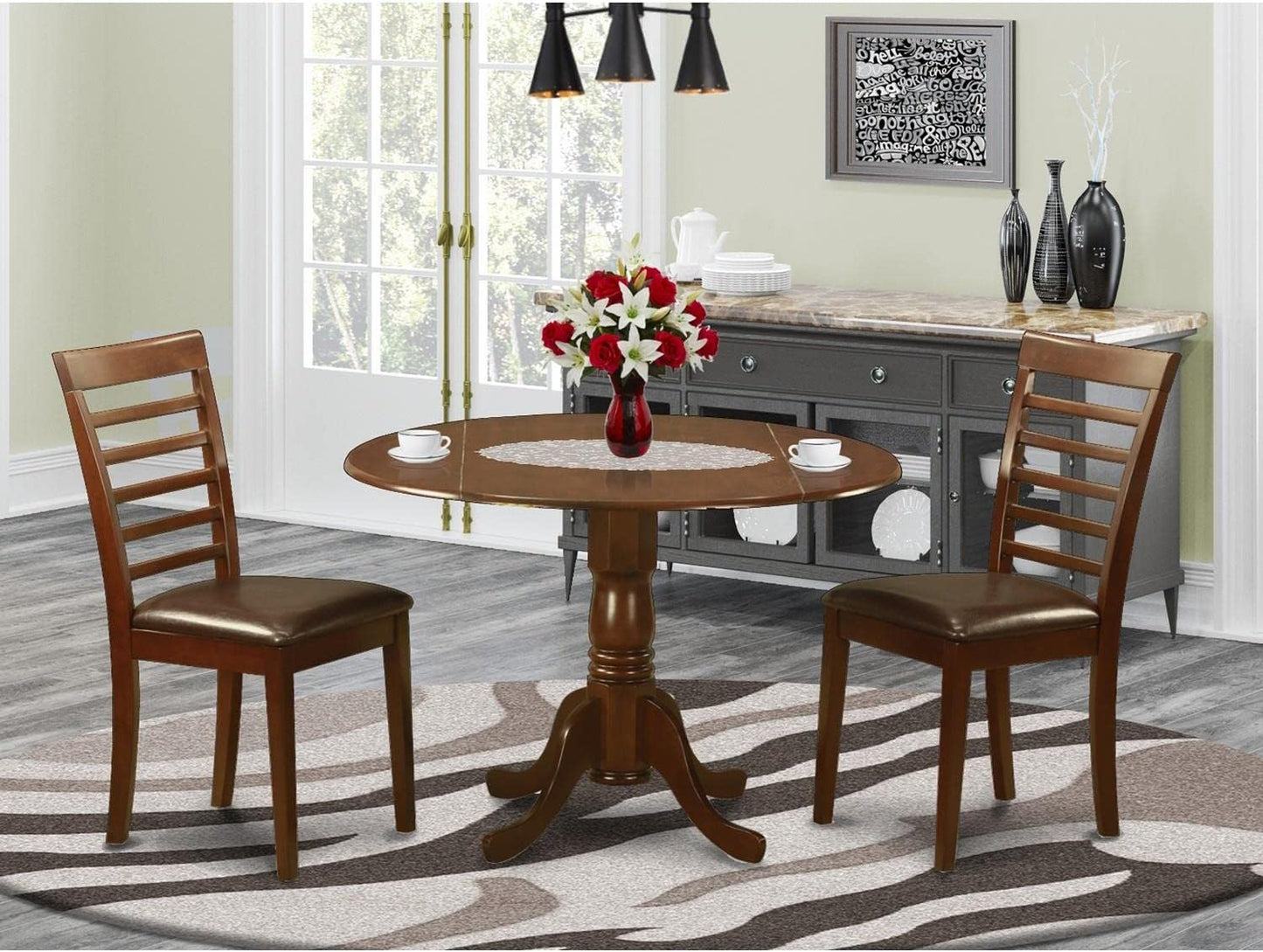 East West Furniture DLML3-MAH-LC 3 Piece Dining Room Furniture Set Contains a Round Kitchen Table with Dropleaf and 2 Faux Leather Upholstered Dining Chairs, 42x42 Inch, Mahogany