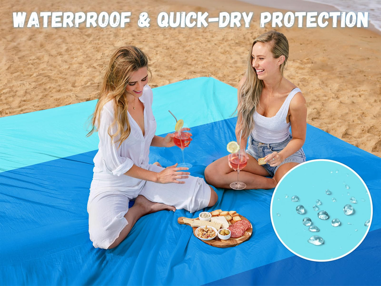 AlphaBeing Beach Blanket Waterproof Sandproof, Extra Large Beach Mat for 1–8 Adults, Oversized Picnic Blanket with 4 Stakes & Storage Bag, Essential Beach Gear for Travel (ThreeBlue, 120“×108”)