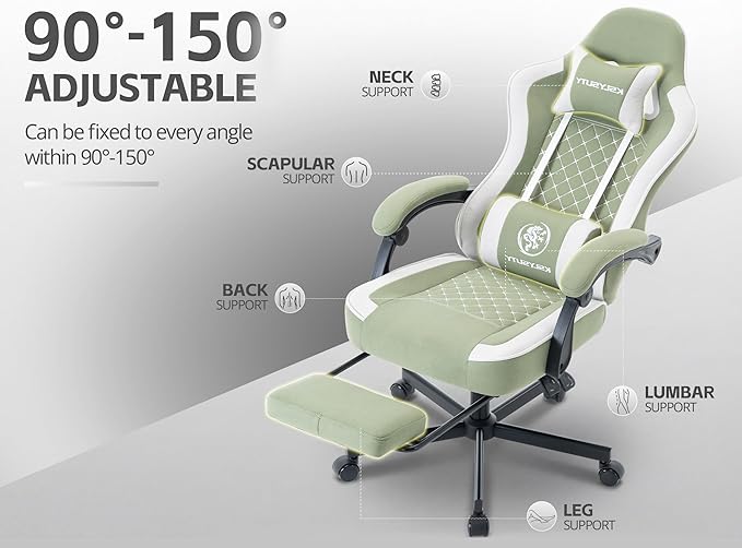 Gaming Chair for Adults with Footrest and Lumbar Support, Height Adjustable Game Chair with 360°-Swivel Seat and Headrest and for Office or Gaming (Green and White Fabric)