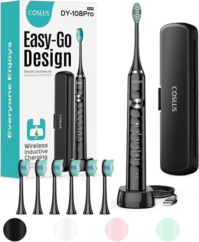 COSLUS Sonic Electric Toothbrush for Adults: 47000 VPM for Deep Cleaning & Whitening with Travel Case - 5 Modes for Sensitive Teeth & Braces, Wireless Charging, 6 Brush Heads for Family, Black (1PC)