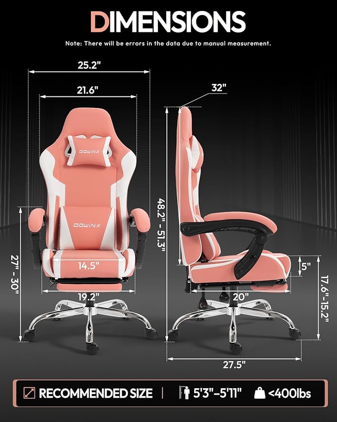 Dowinx Ergonomic Pink Gaming Chair with Footrest & Massage Lumbar, 2D-Linkage Armrests for Cute Aesthetic Esports Chair for Girls, Office, Home and Long Gaming Sessions, Pink