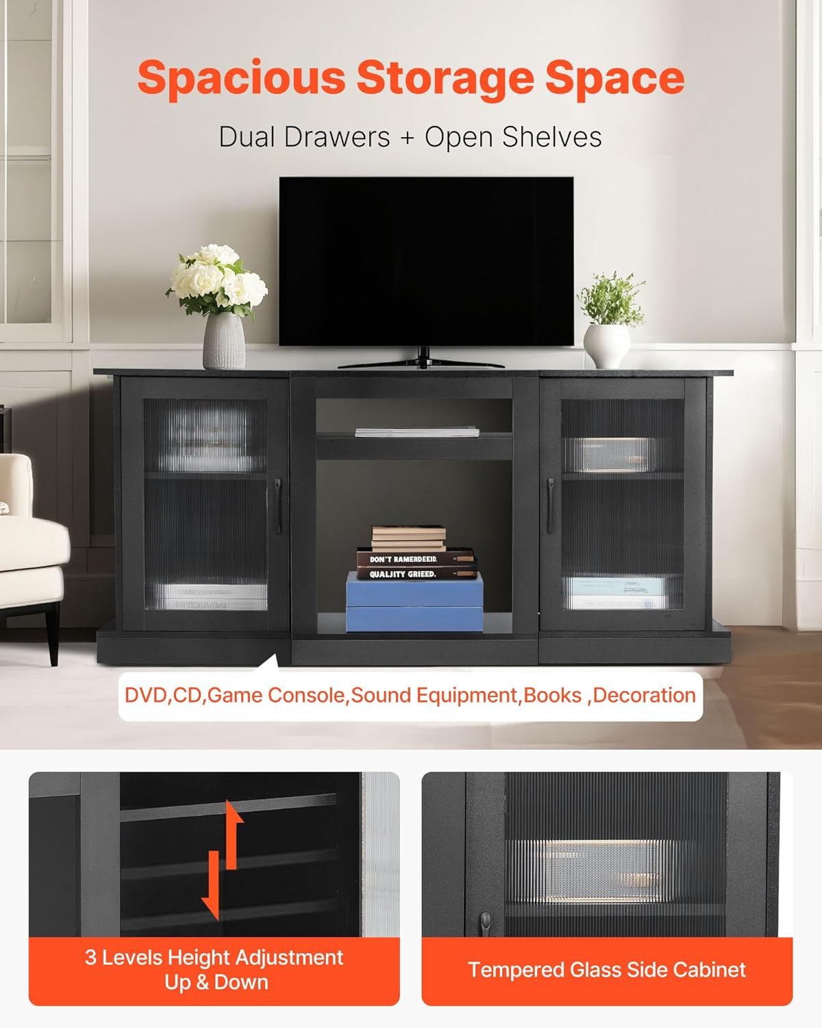 VEVOR TV Stand for TVs up to 65 inch, Modern Entertainment Center with Light Strip, Wooden TV Cabinet Storage with Glass Doors and Adjustable Shelves, Console Table for Living Room and Bedroom, Black