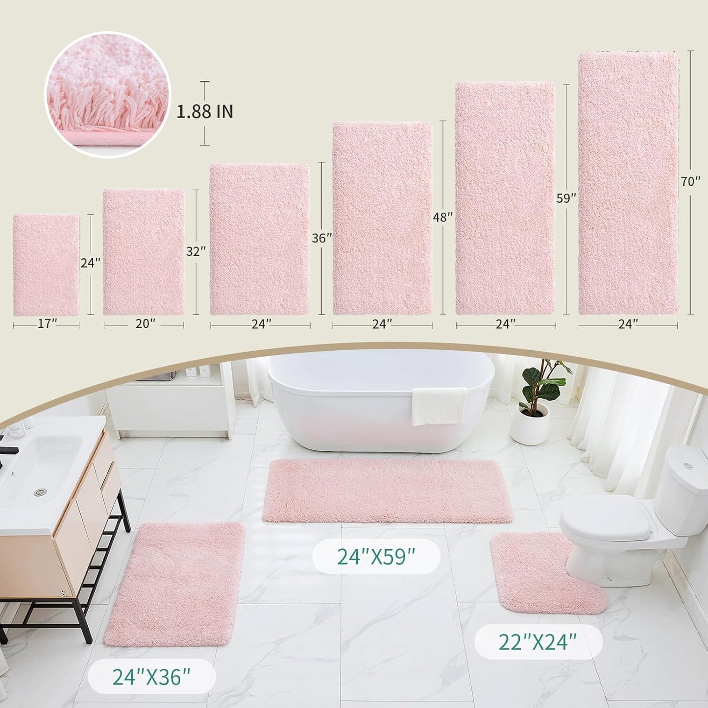 Bathroom Rugs 24x48 Non Slip Pink Fluffy Bath Mat for Bathroom Floor Washable Plush Luxury Bath Rug for Tub Soft Shaggy Absorbent Shower Sink Mat