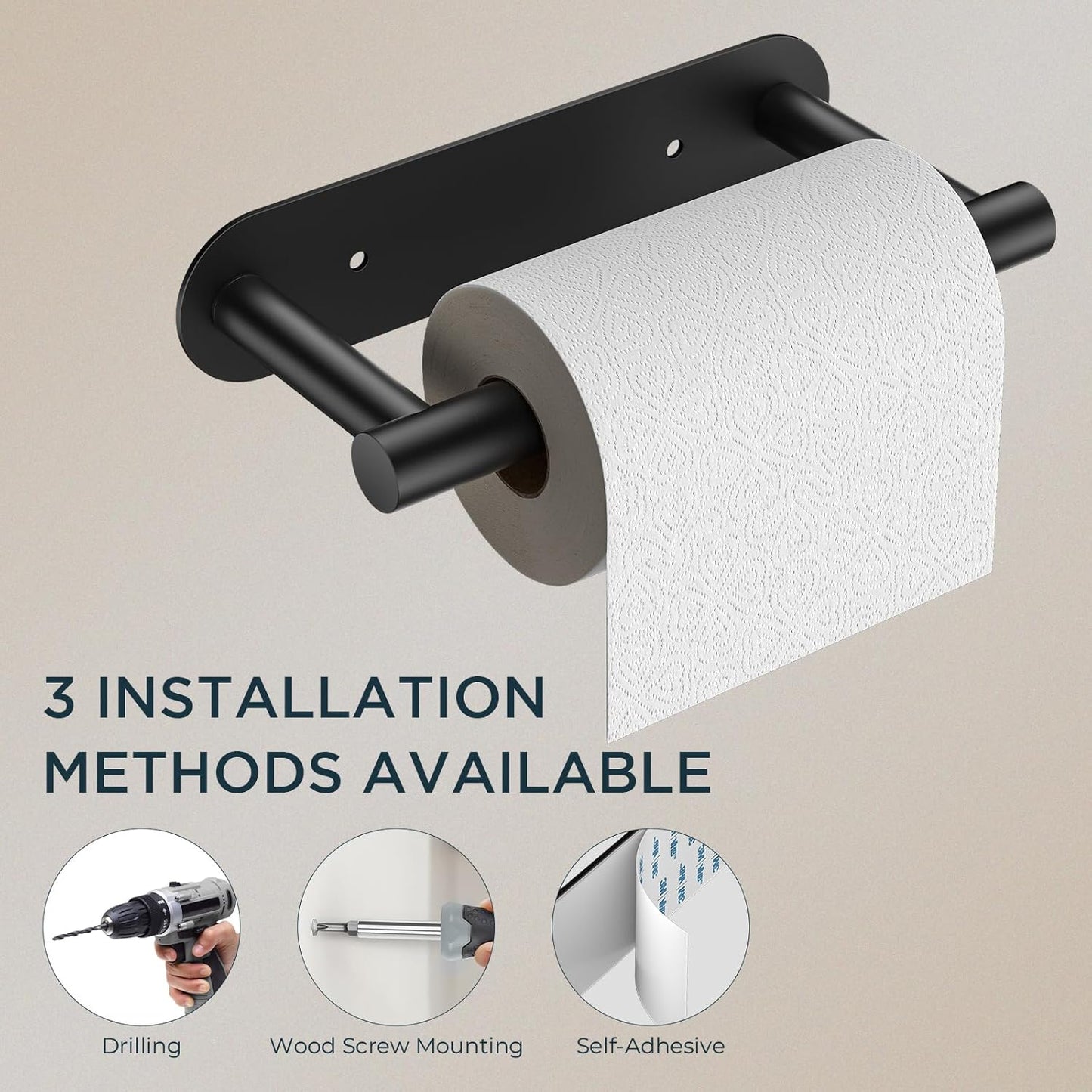 FORIOUS Black Toilet Paper Holder, Adhesive or Wall Mounted Options, Stainless Steel Rustproof Stick on no Drilling Double Post Pivoting Toilet Tissue Roll Holder for Bathroom,2 Pack Matte Black