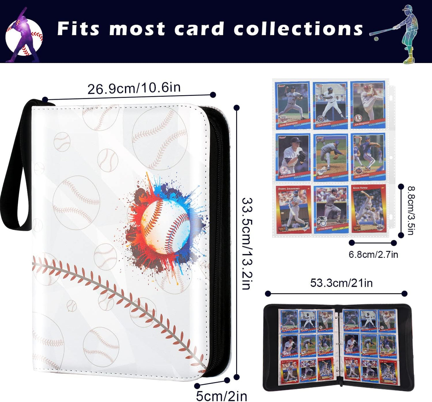 Baseball Card Binder with Sleeves, Sports Card Binder Collectible Trading Card Albums Fits Cards with 50 Removable Sleeves (White, 900 Pockets)