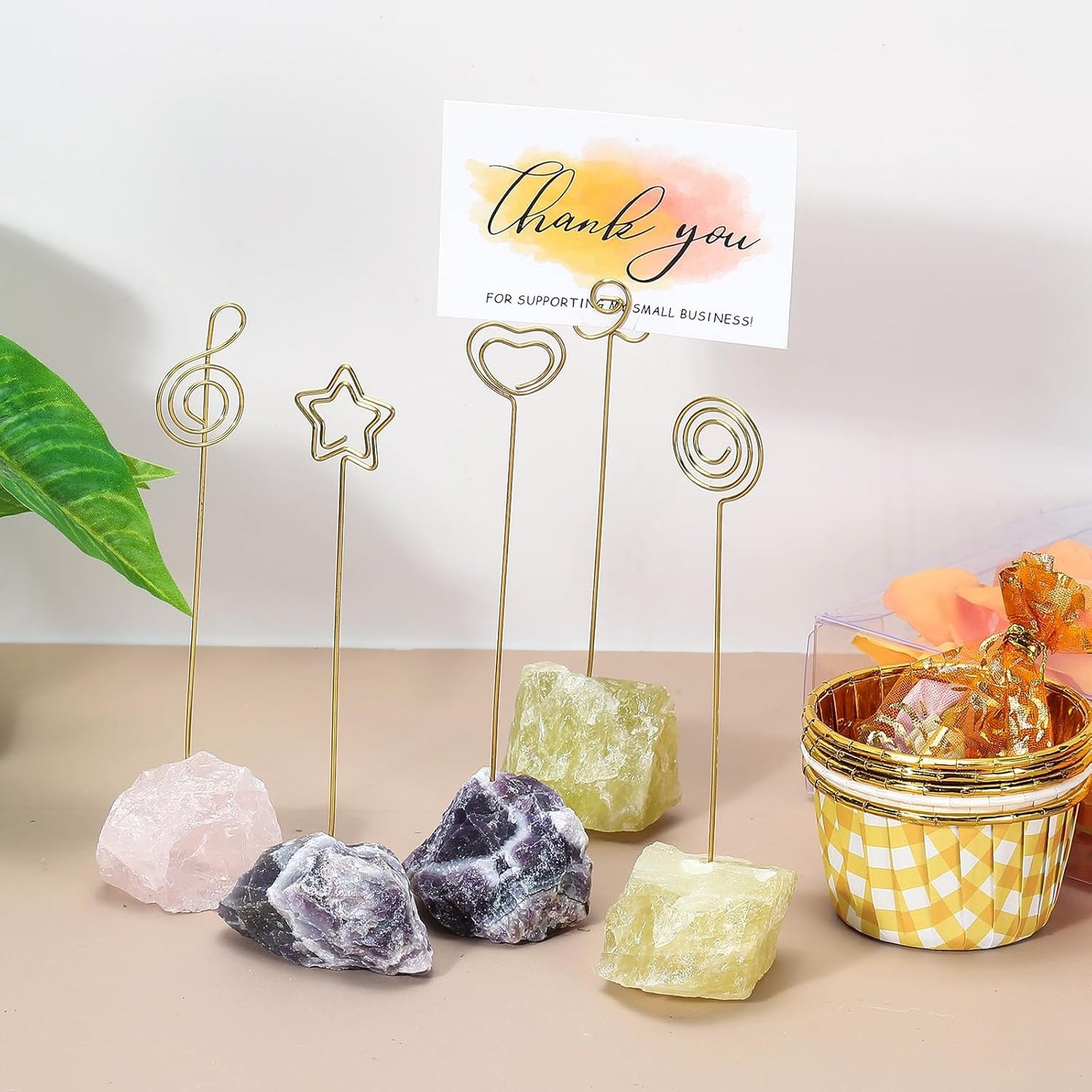 PATIKIL Table Number Holder, 2Pcs Photo Clip Holders Crystal Stone Quartz Desk Card Holder Raw Lollipop Shape Iron Memo Note Photo Stand for Wedding Party Home Office Decor, Purple