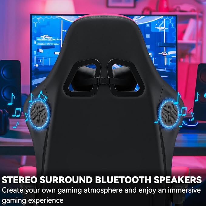 HOFFREE Gaming Chair with Speakers Massage Computer Gaming Chair with Pocket Spring Cushion for Adults Reclining Gamer Chair with Bluetooth Video Game Chairs with Footrest Pink and Black