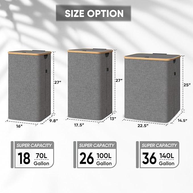 BALEINE Laundry Hamper with Lid, Tall Laundry Baskets with Bamboo Pull Handles, Large Laundry Bin with Internal Support (18 Gal/70L, Beige)