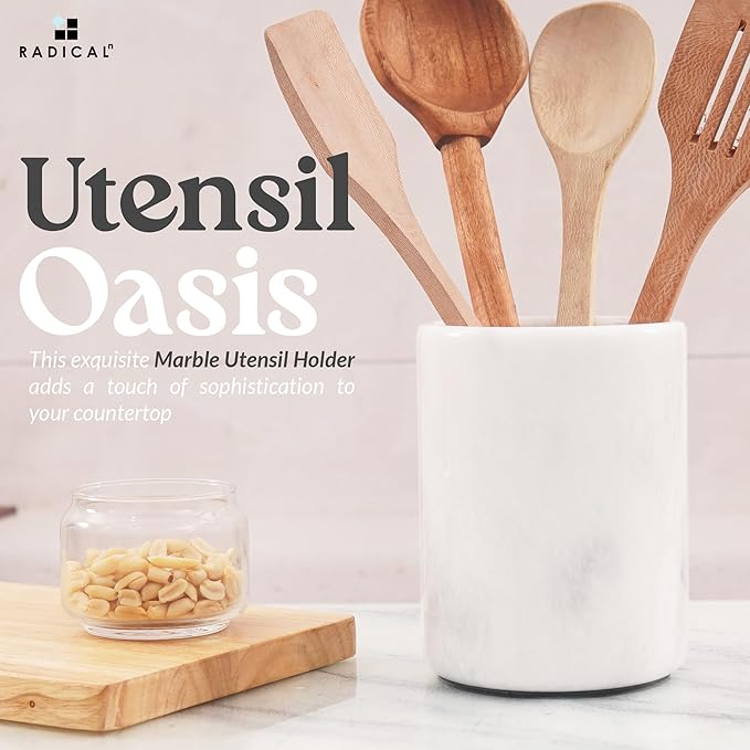 Radicaln Marble Utensil Holder 6.5" Inches White Handmade Spoon Holder for Kitchen Counter, Ideal Kitchen Utensils Set Organizer, Farmhouse Kitchens Decor & Accessories, Cooking Utensil Storage