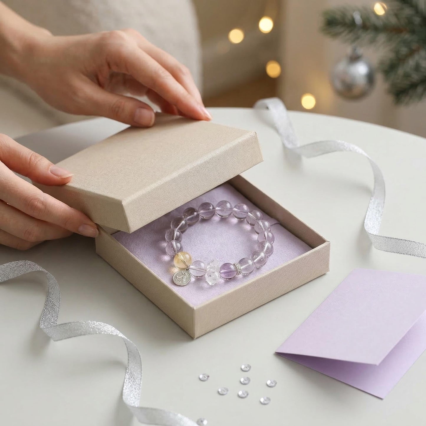 ANNIE WU Natural Crystal Bracelet for Women, Amethyst Citrine Clear Quartz Healing Beaded Bracelet, 925 Sterling Silver Adjustable Stretch Bracelet, 10mm Beads, 17-19cm, Spiritual Energy Jewelry Gift with Premium Box