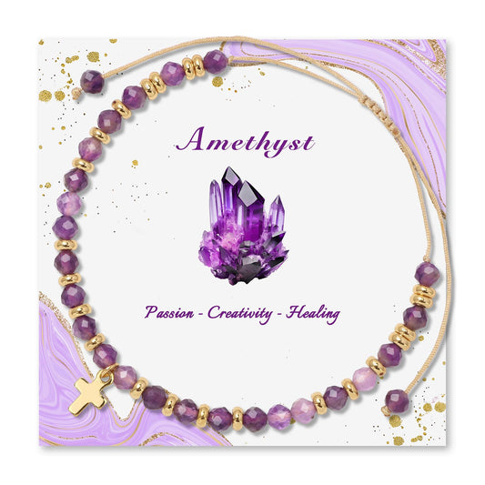Raicegs Braided Amethyst Cross Crystal Bracelet Natural Stone Beaded Bracelet for Women Faith Jewelry Healing Bracelet Christian Gifts for Women Religious Gifts
