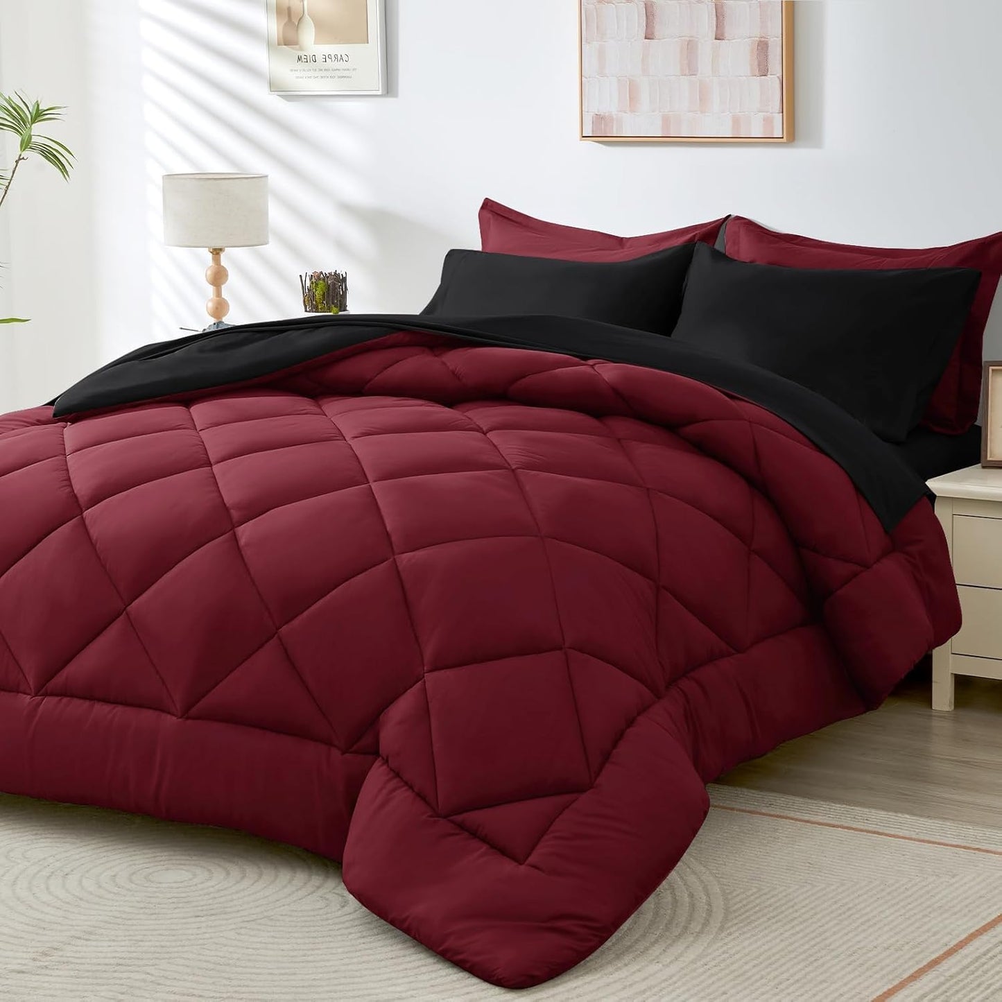 HEVUMYI Red & Black Twin Comforter Set - 5-Piece All Season Bed in a Bag Twin, Ultra Soft Burgundy Bedding Set with Comforter, Flat Sheet, Fitted Sheet, Pillowcases, Pillow Shams, Burgundy Red & Black