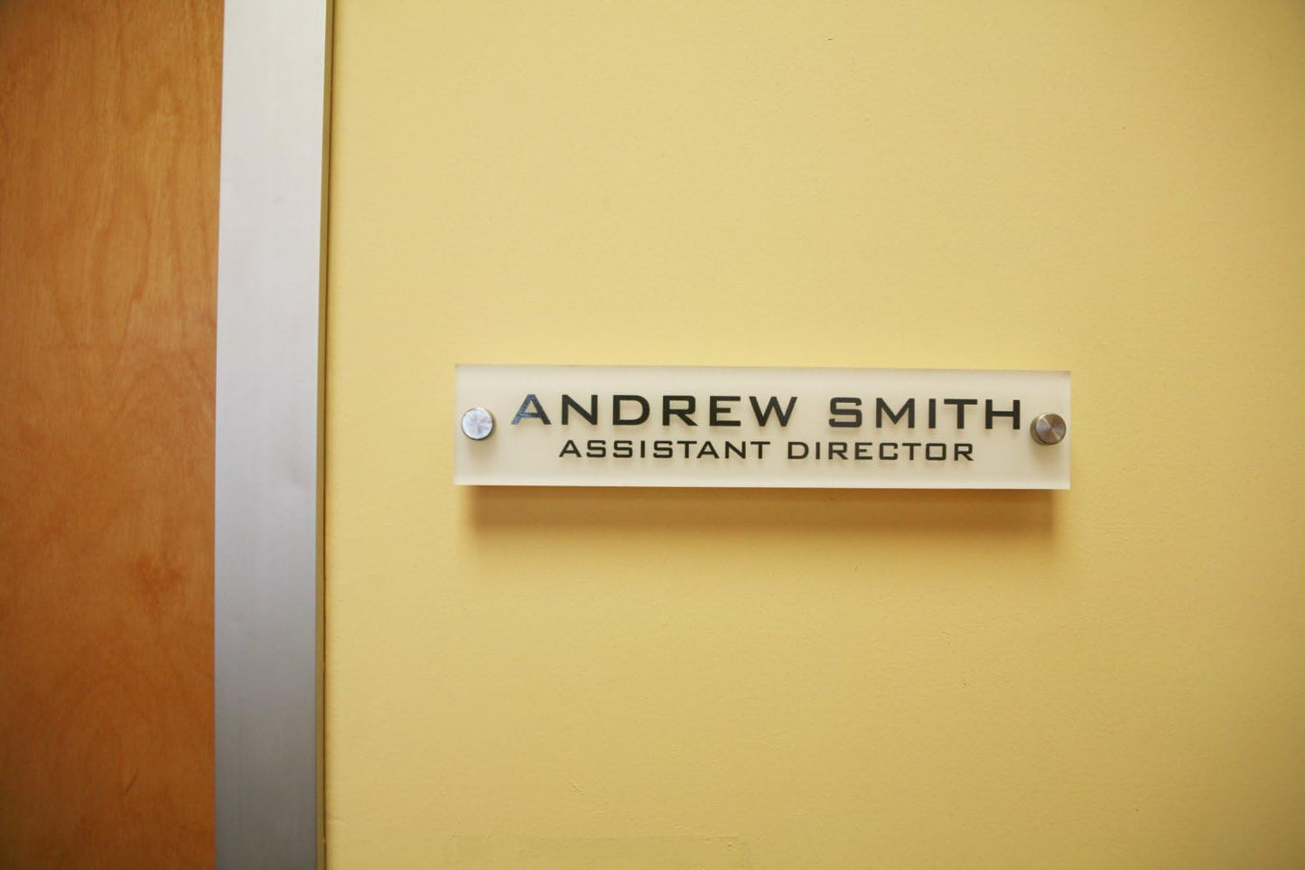 Personalized Office Wall Name Plate Sign. Modern Stainless Steel Legs (Frosted White)