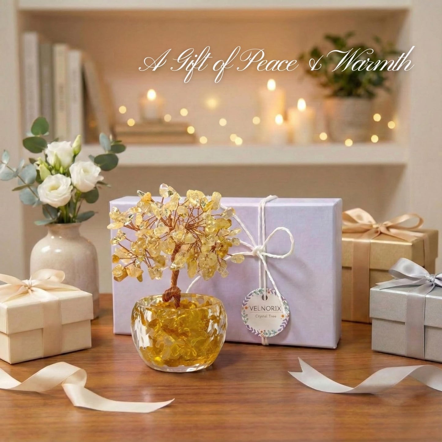 VELNORIX Citrine Crystal Tree of Life - Natural Gemstone Feng Shui Bonsai - Healing Crystals Decor for Home Office, Attract Wealth & Success - Spiritual Gifts for Men & Women (Yellow)